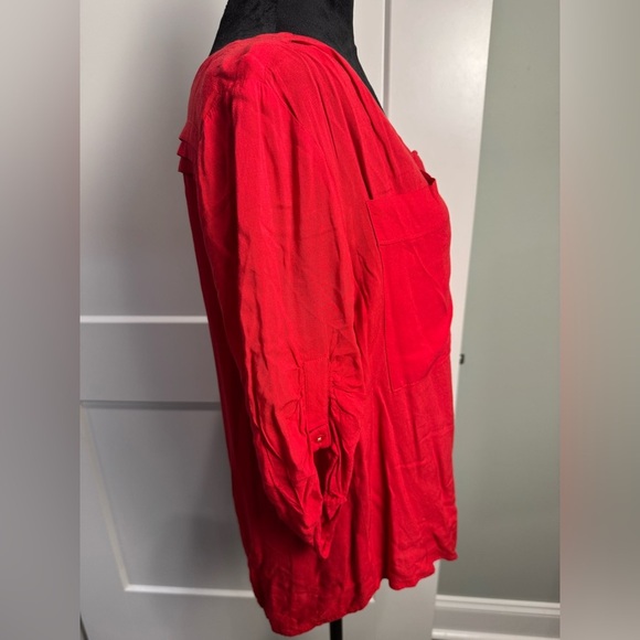 Anthropologie Maeve Popover Shirt Red Roll Tab Sleeve Scoop Pockets - Picture 2 of 8